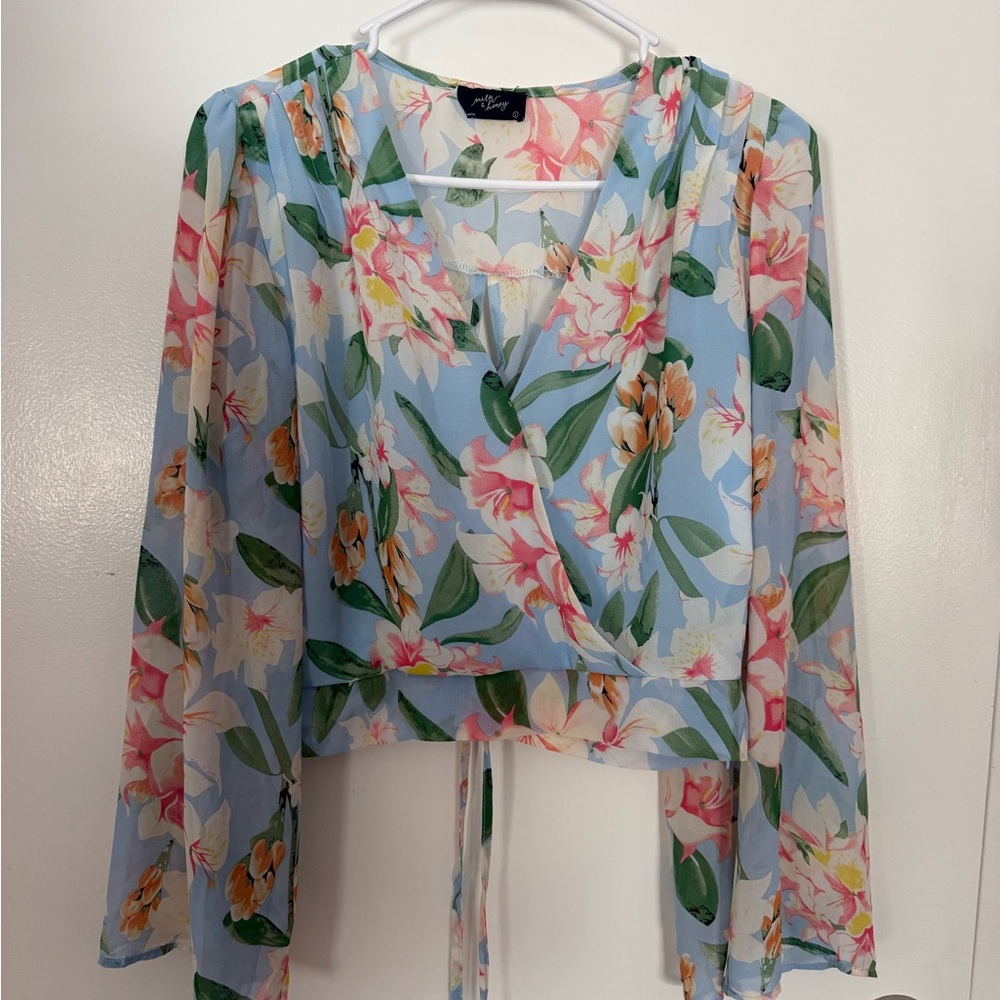 Floral Wrap Blouse - Blue and Pink